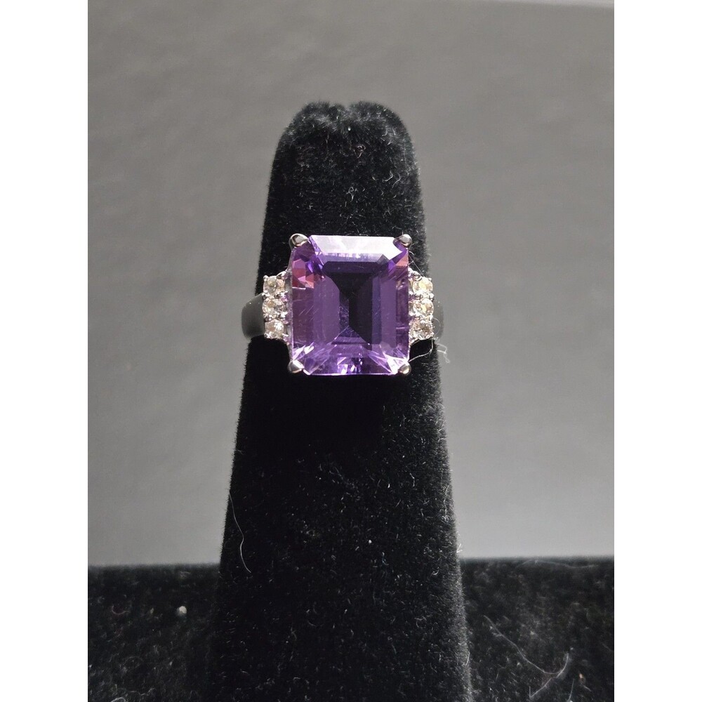 5.94 CTW Amethyst Ring, Large Emerald Cut Purple Gemstone Sterling Silver Size 5 - Picture 9 of 16
